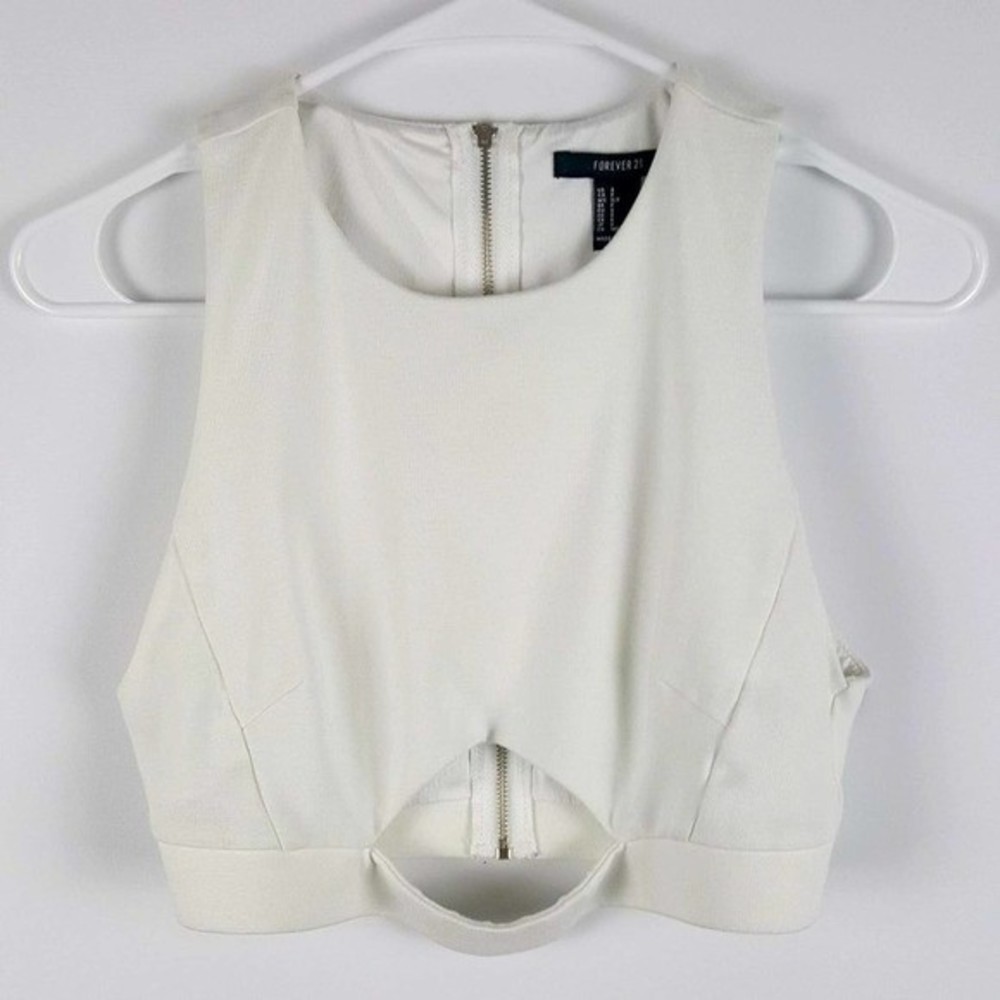 Forever 21 Womens Crop Top Small White Zip Up Scoop Neck Sleeveless Ladies Top